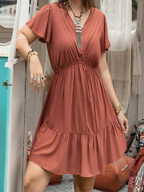 Double Take Ruffle Hem V-Neck Short Sleeve Dress