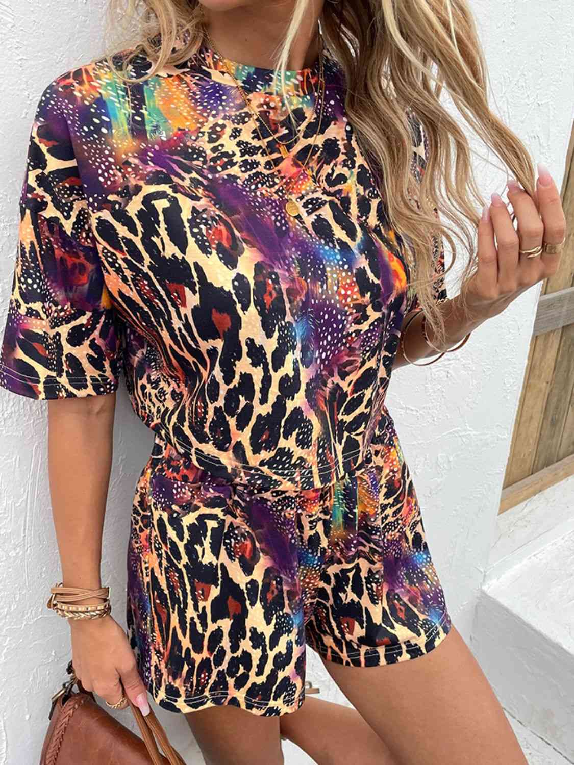 Printed Round Neck Dropped Shoulder Half Sleeve Top and Shorts Set