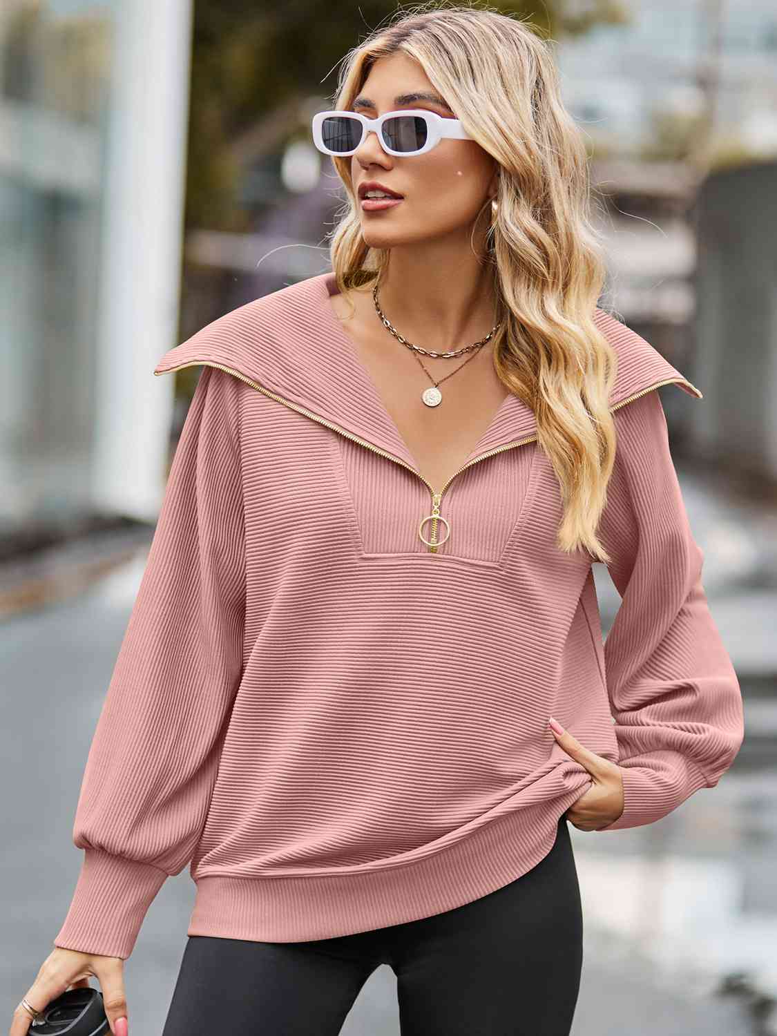 Half Zip Collared Neck Long Sleeve Sweatshirt