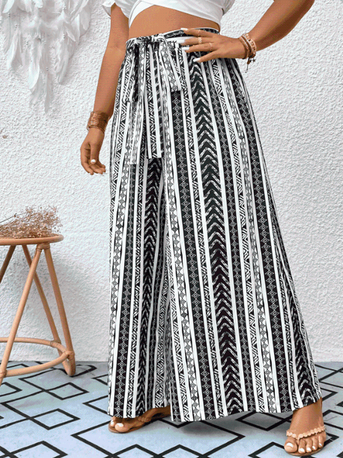 Striped Tied Wide Leg Pants