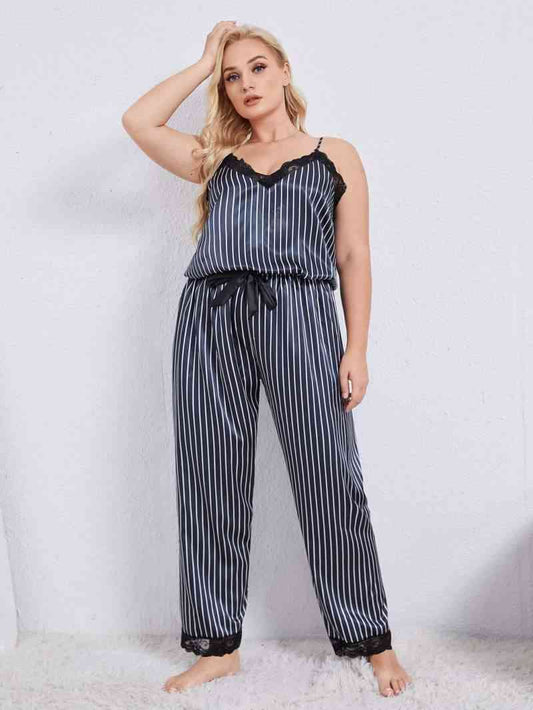 Vertical Stripe Lace Trim Cami and Pants Pajama Set