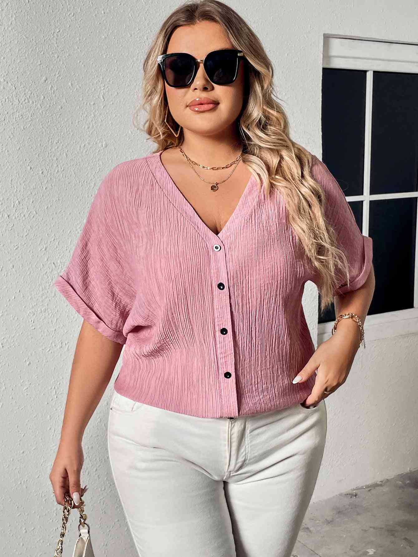 Buttoned V-Neck Short Sleeve Blouse