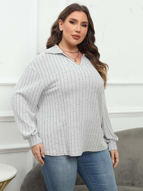 Ribbed Collared Neck Long Sleeve Blouse