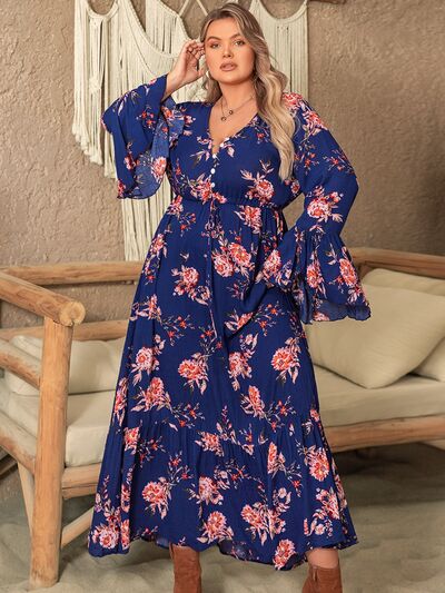 Printed Half Button Flare Sleeve Dress