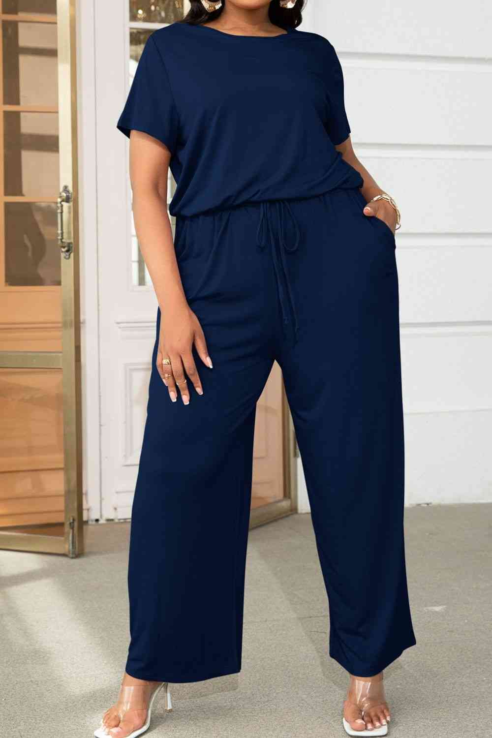 Drawstring Waist Short Sleeve Jumpsuit