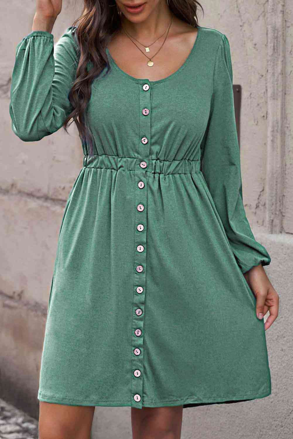 Button Front Elastic Waist Long Sleeve Dress