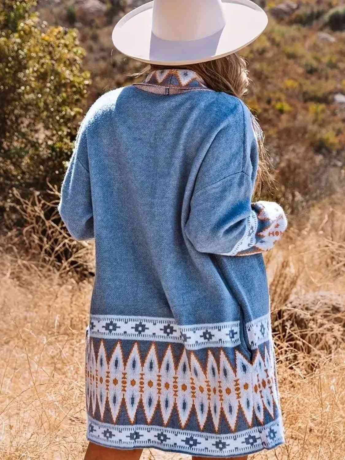 Geometric  Open Front Cardigan with Pockets