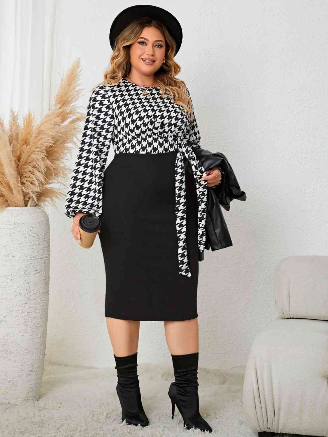 Houndstooth Tied Long Sleeve Dress