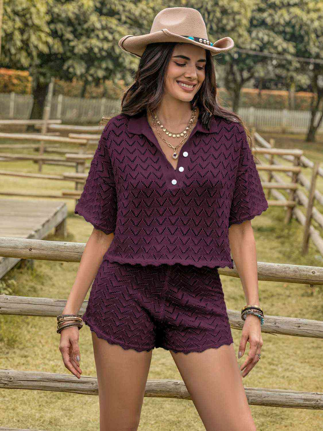 Eyelet Collared Neck Short Sleeve Top and Shorts Set