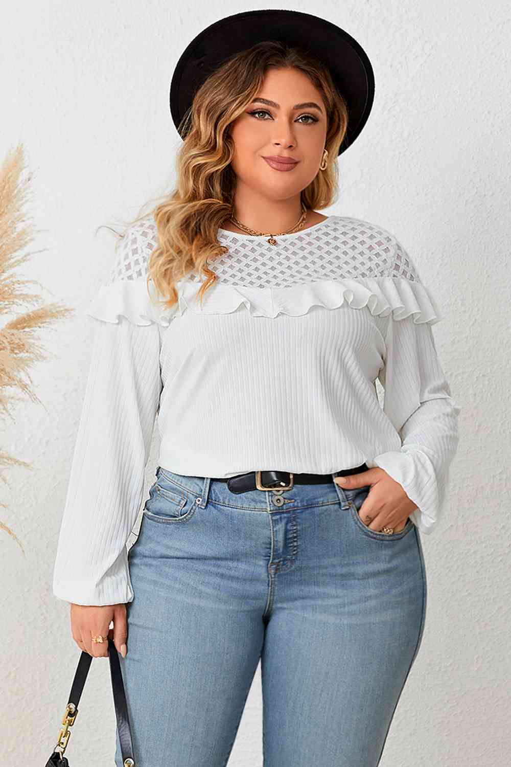 Ruffled Round Neck Long Sleeve Blouse