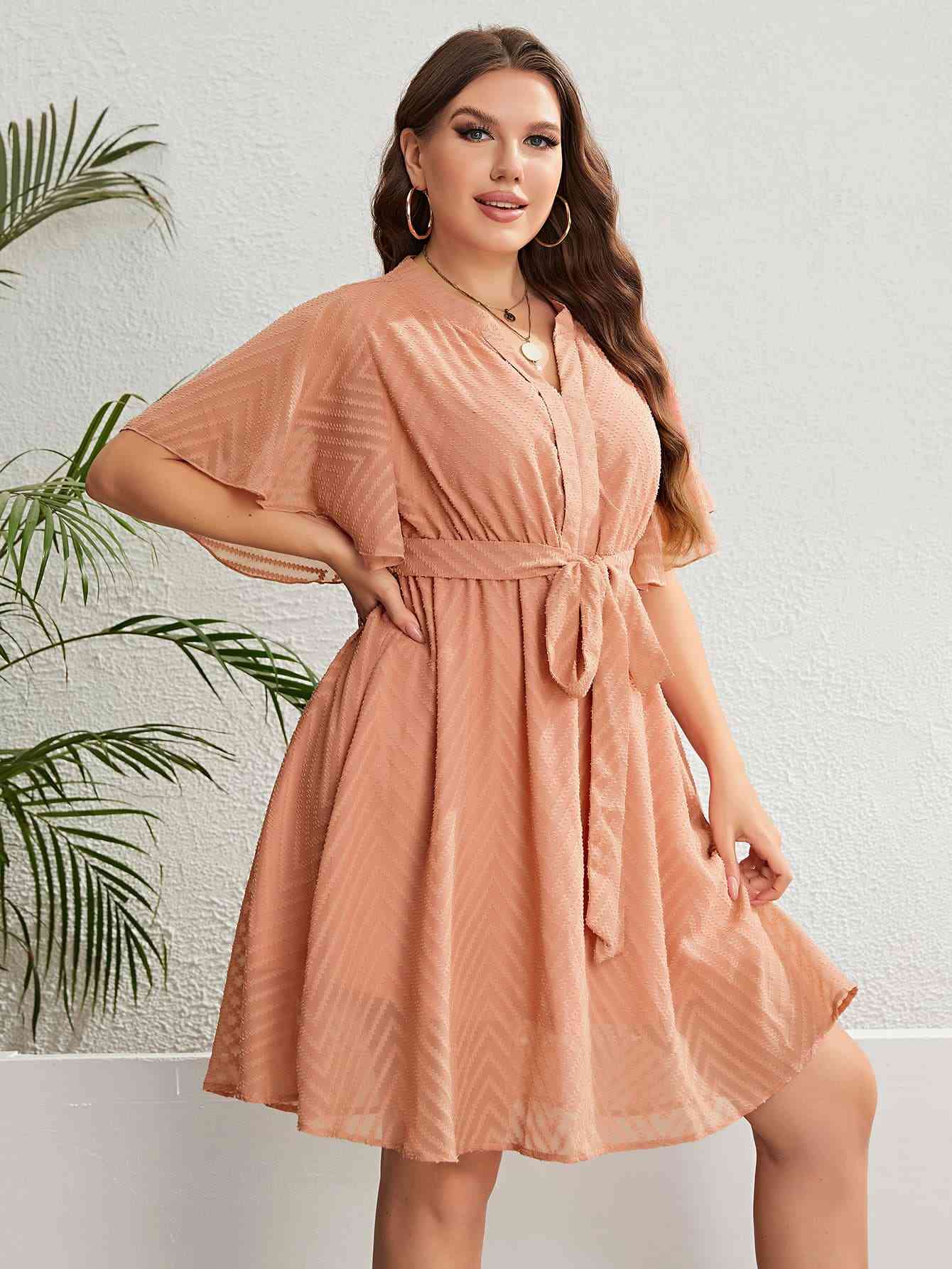 Tie Waist Notched Neck Flutter Sleeve Dress