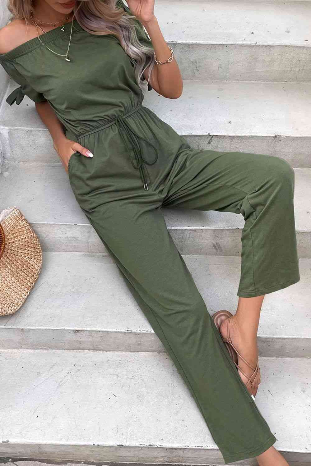 Off-Shoulder Tie Cuff Jumpsuit with Pockets