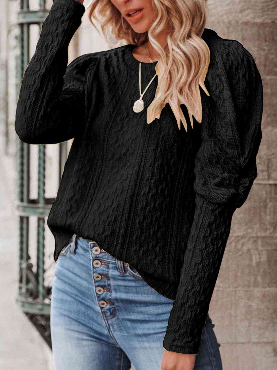 Round Neck Puff Sleeve Knit Top