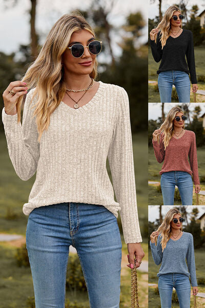 Ribbed V-Neck Long Sleeve Tee