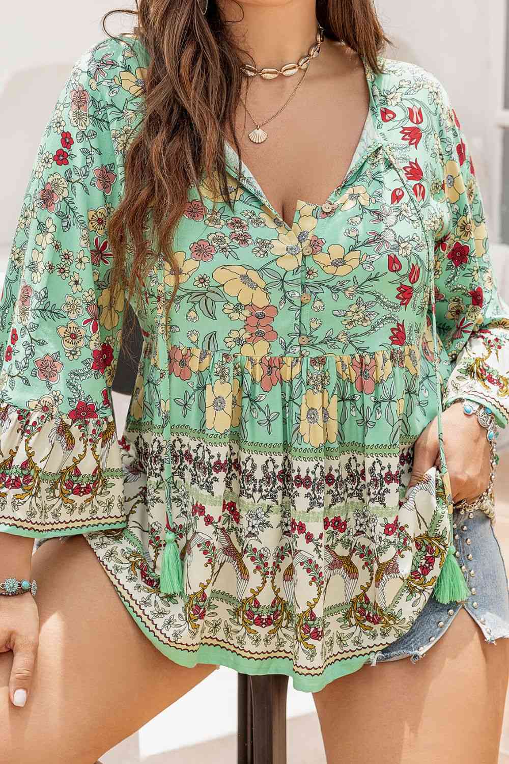 Floral Tassel Tie Blouse