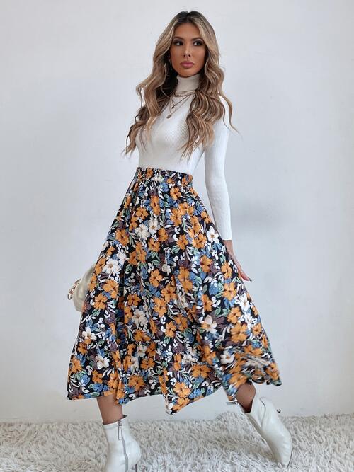 Printed Ruffle Hem Midi Skirt