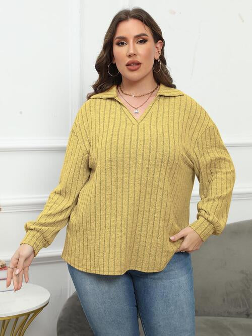 Ribbed Collared Neck Long Sleeve Blouse