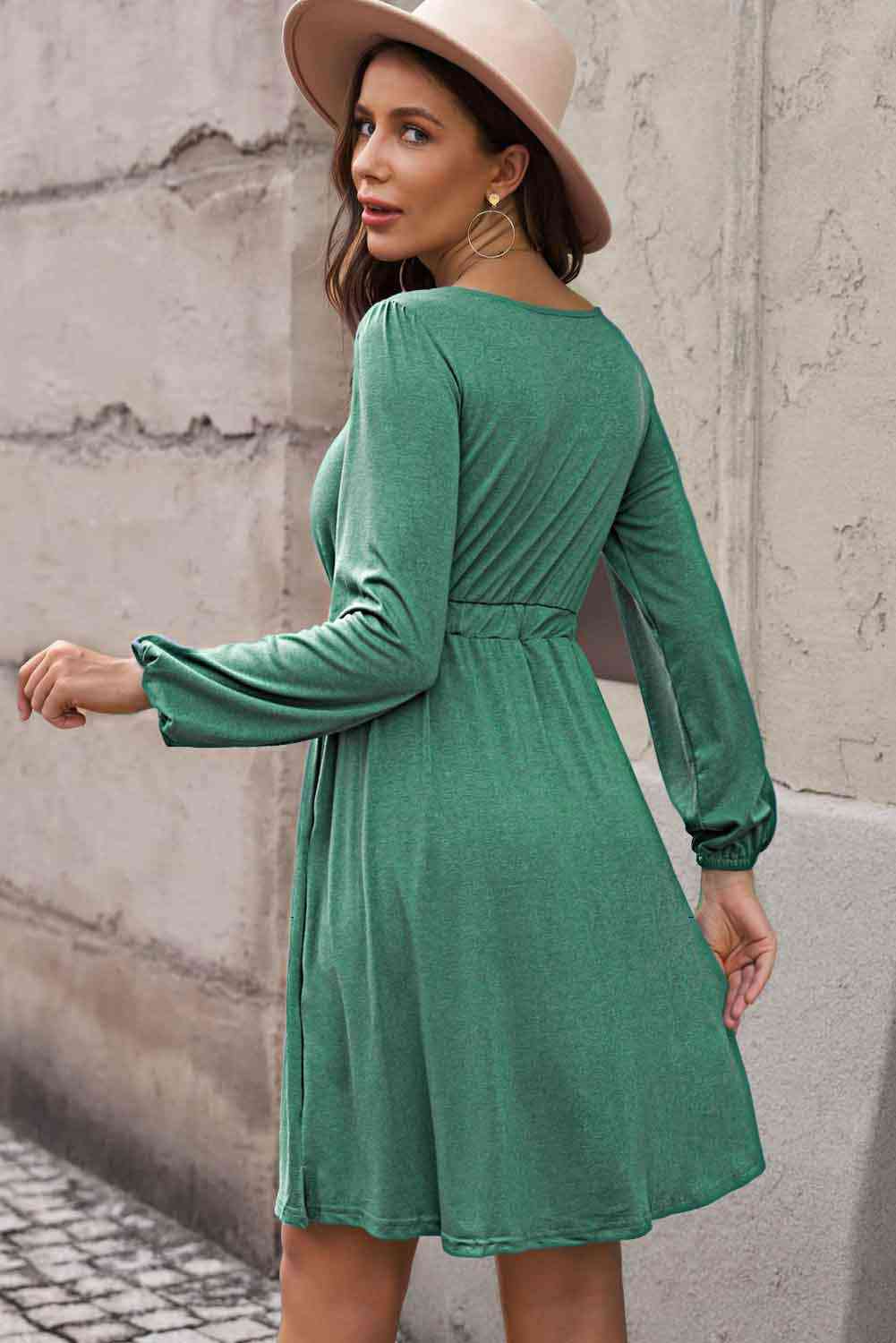 Button Front Elastic Waist Long Sleeve Dress