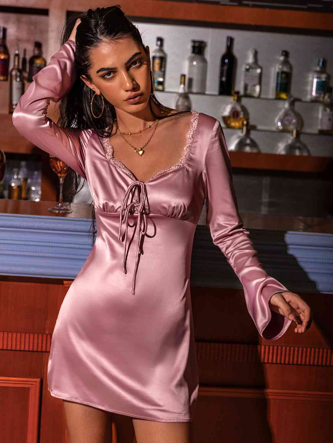 Tied Sweetheart Neck Long Sleeve Night Dress