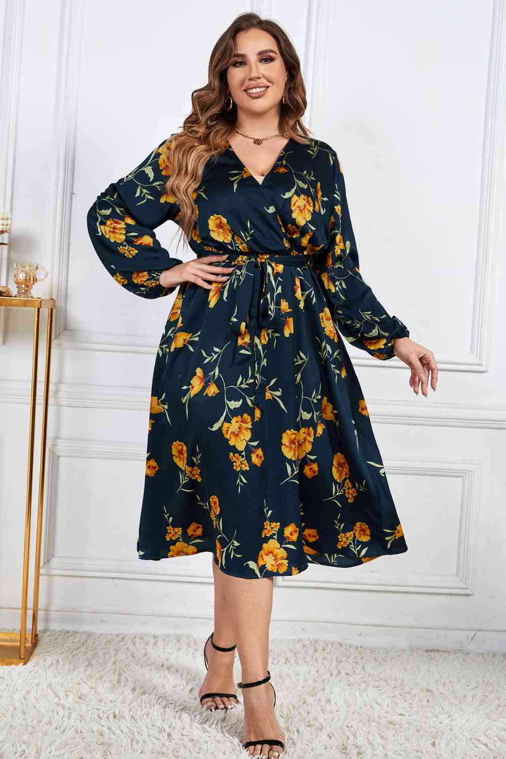 Melo Apparel Floral Print Surplice Neck Midi Dress