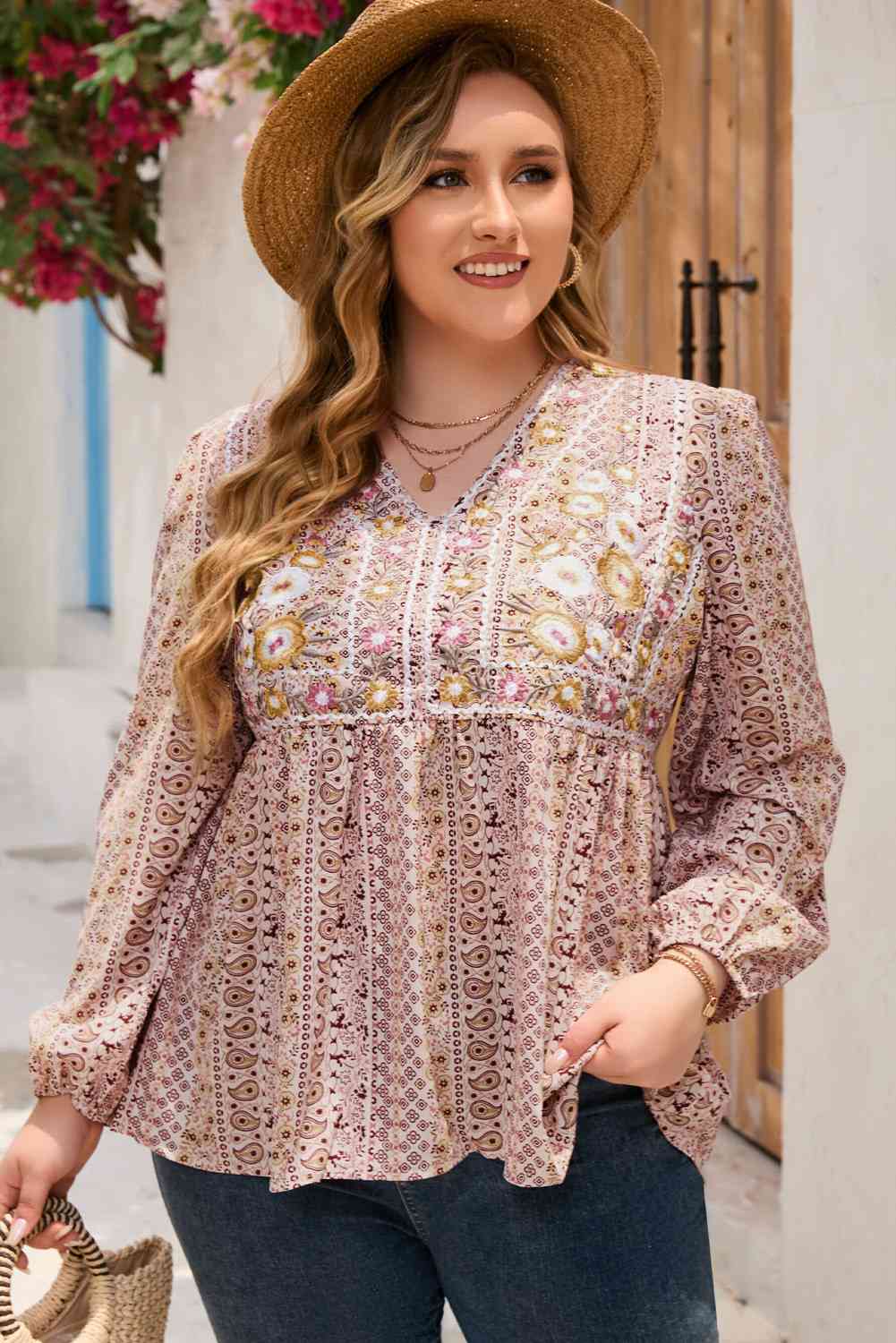 V-Neck Printed Long Sleeve Blouse