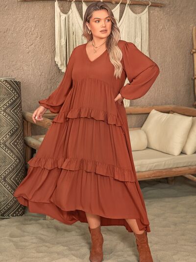 Ruffled V-Neck Balloon Sleeve Dress