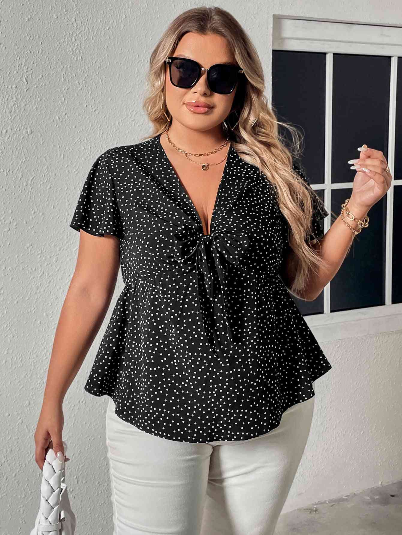 V-Neck Front Bow Flutter Sleeve Blouse