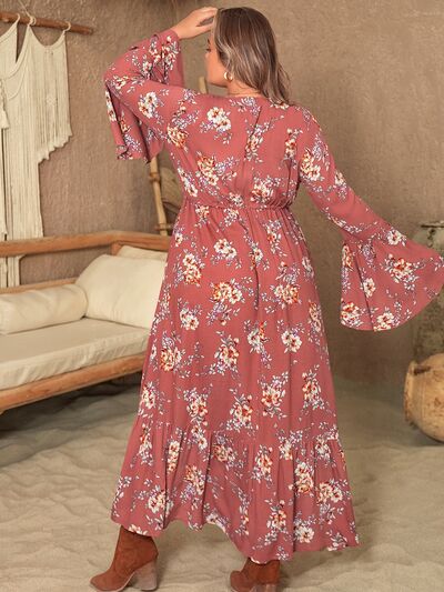 Printed Half Button Flare Sleeve Dress