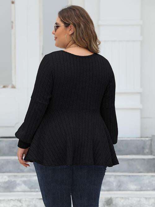 Ribbed V-Neck Long Sleeve Blouse