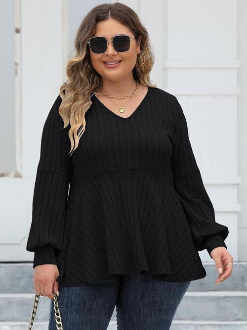 Ribbed V-Neck Long Sleeve Blouse