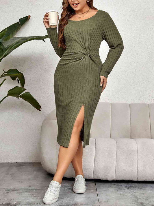 Ribbed Round Neck Twisted Slit Midi Dress