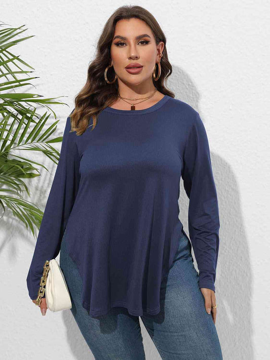 Round Neck Long Sleeve Slit T-Shirt