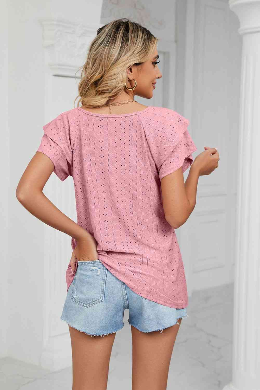 Eyelet Layered Flutter Sleeve V-Neck Knit Top