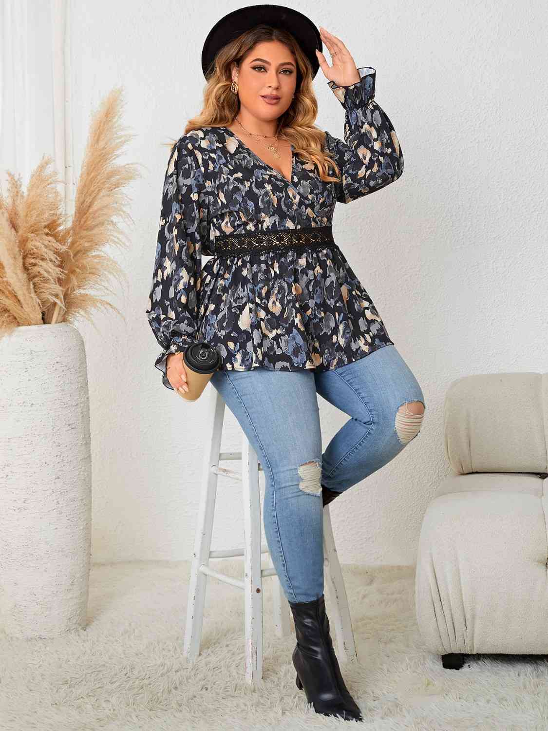 Surplice Neck Flounce Sleeve Blouse