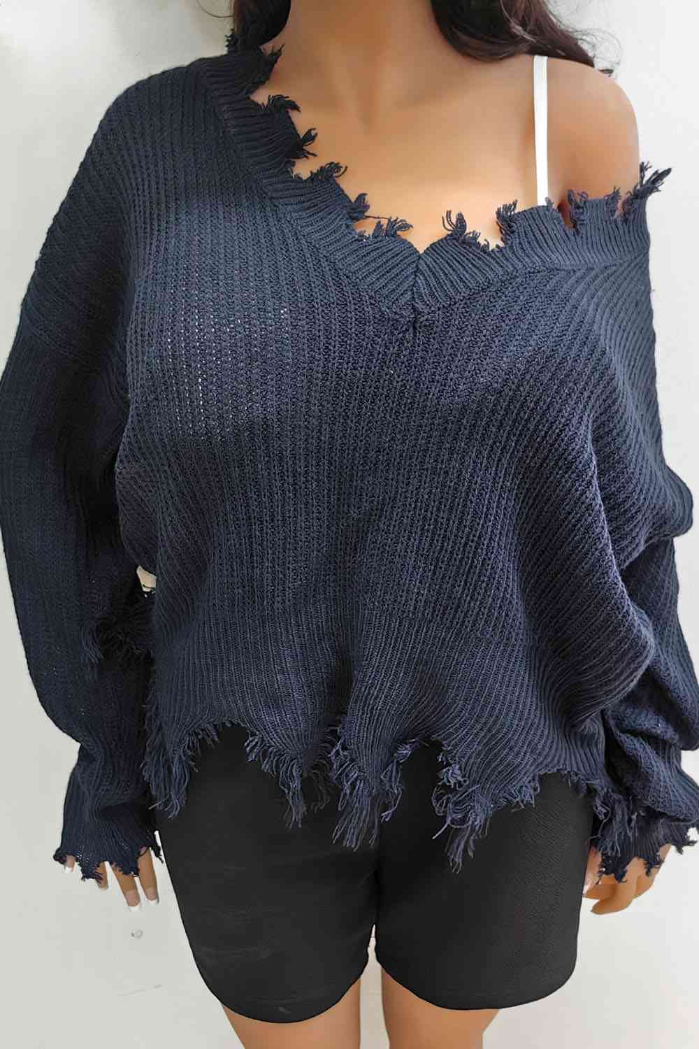 Fringe V-Neck Raglan Sleeve Sweater