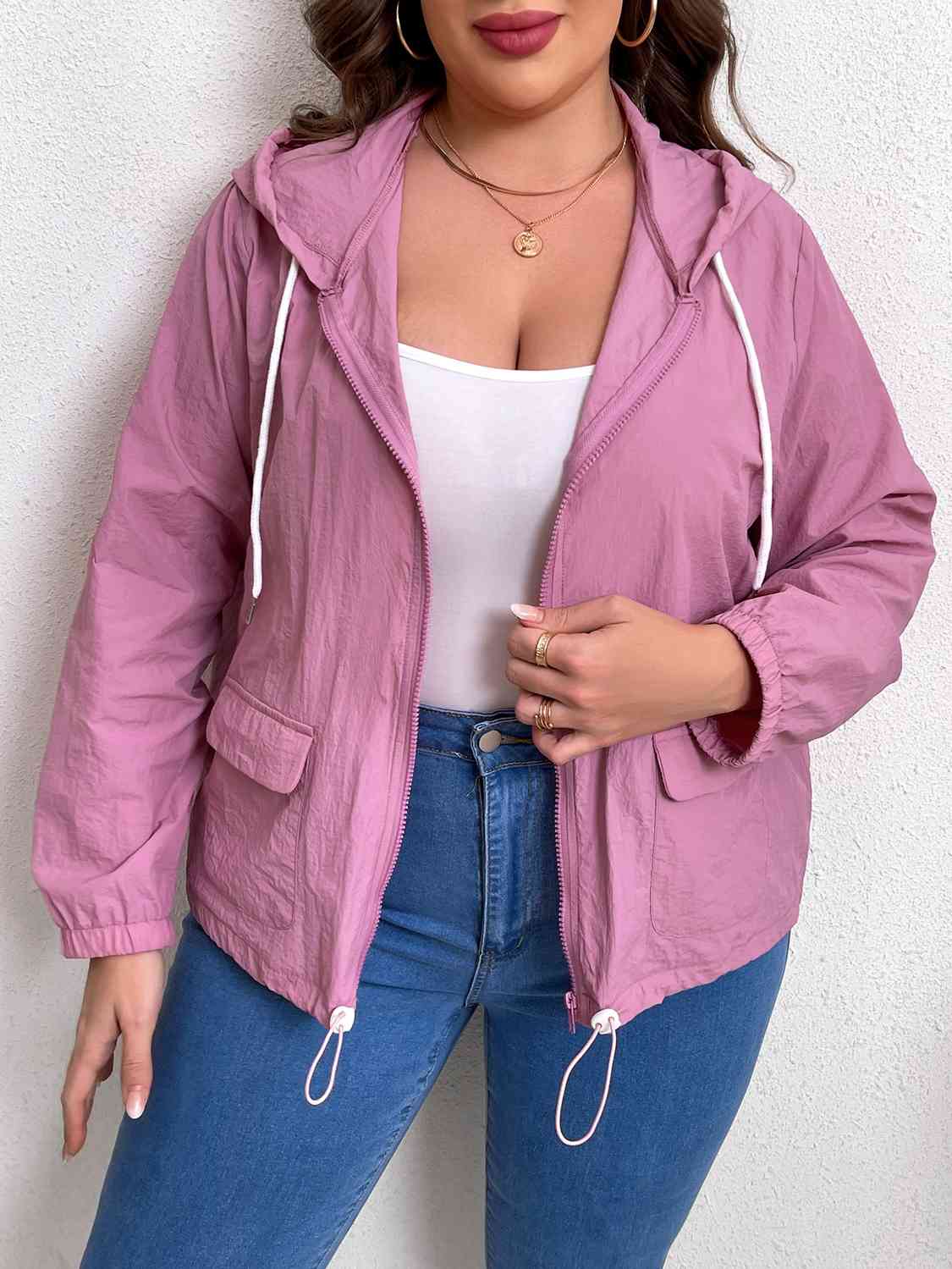 Zip-Up Drawstring Hooded Jacket with Pockets