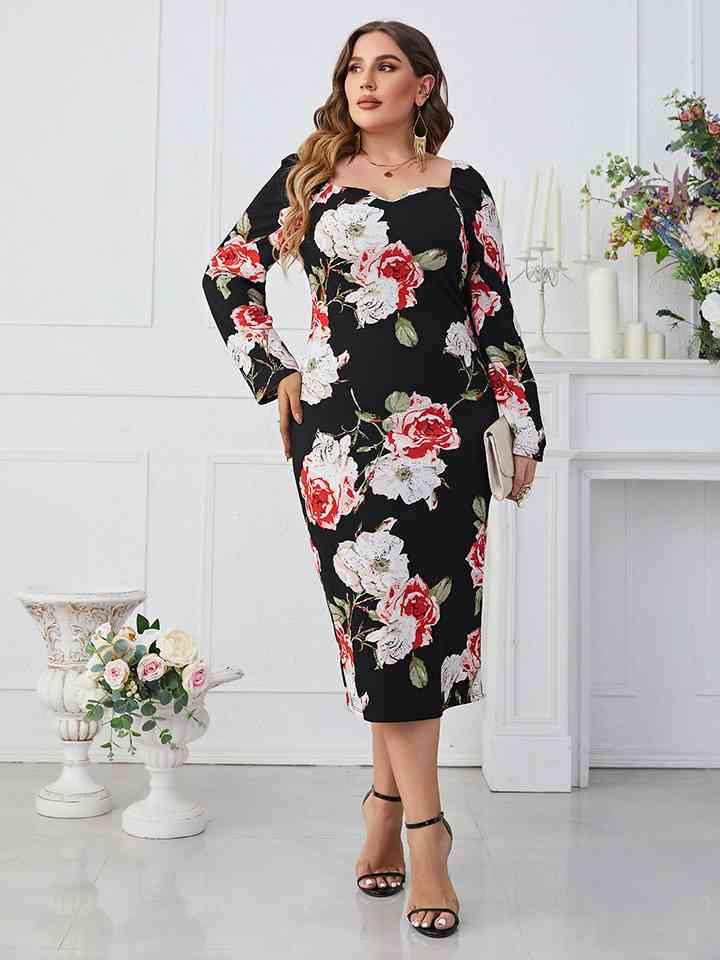 Printed Square Neck Long Sleeve Dress