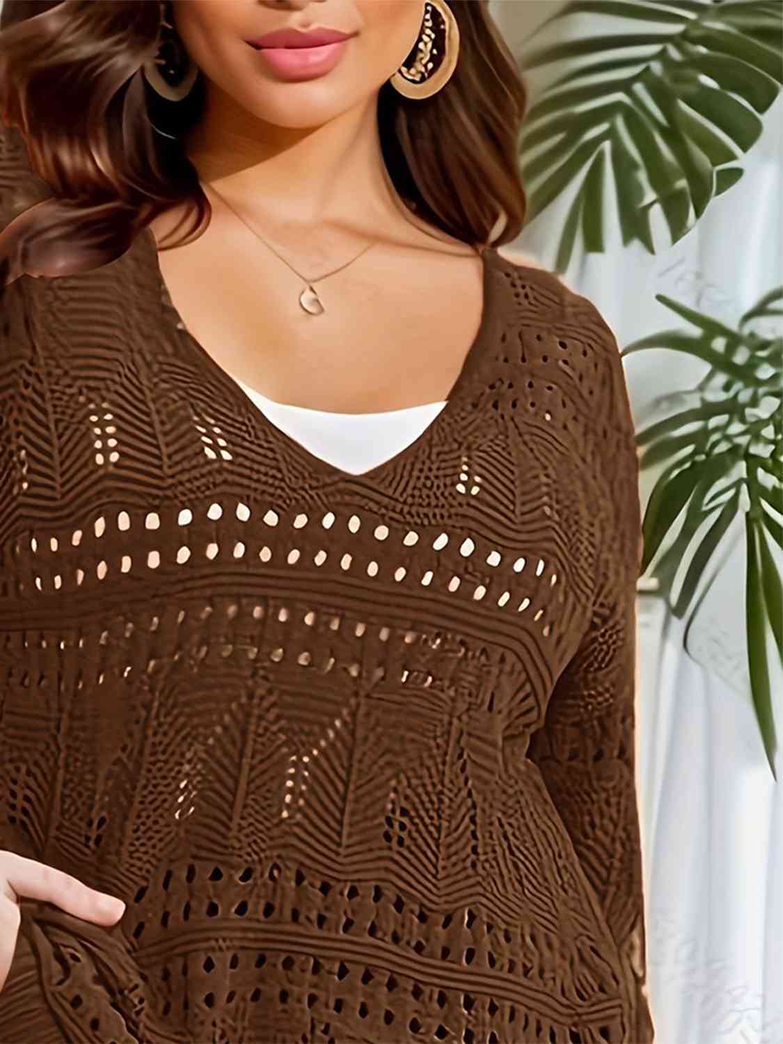 Openwork Plunge Long Sleeve Sweater