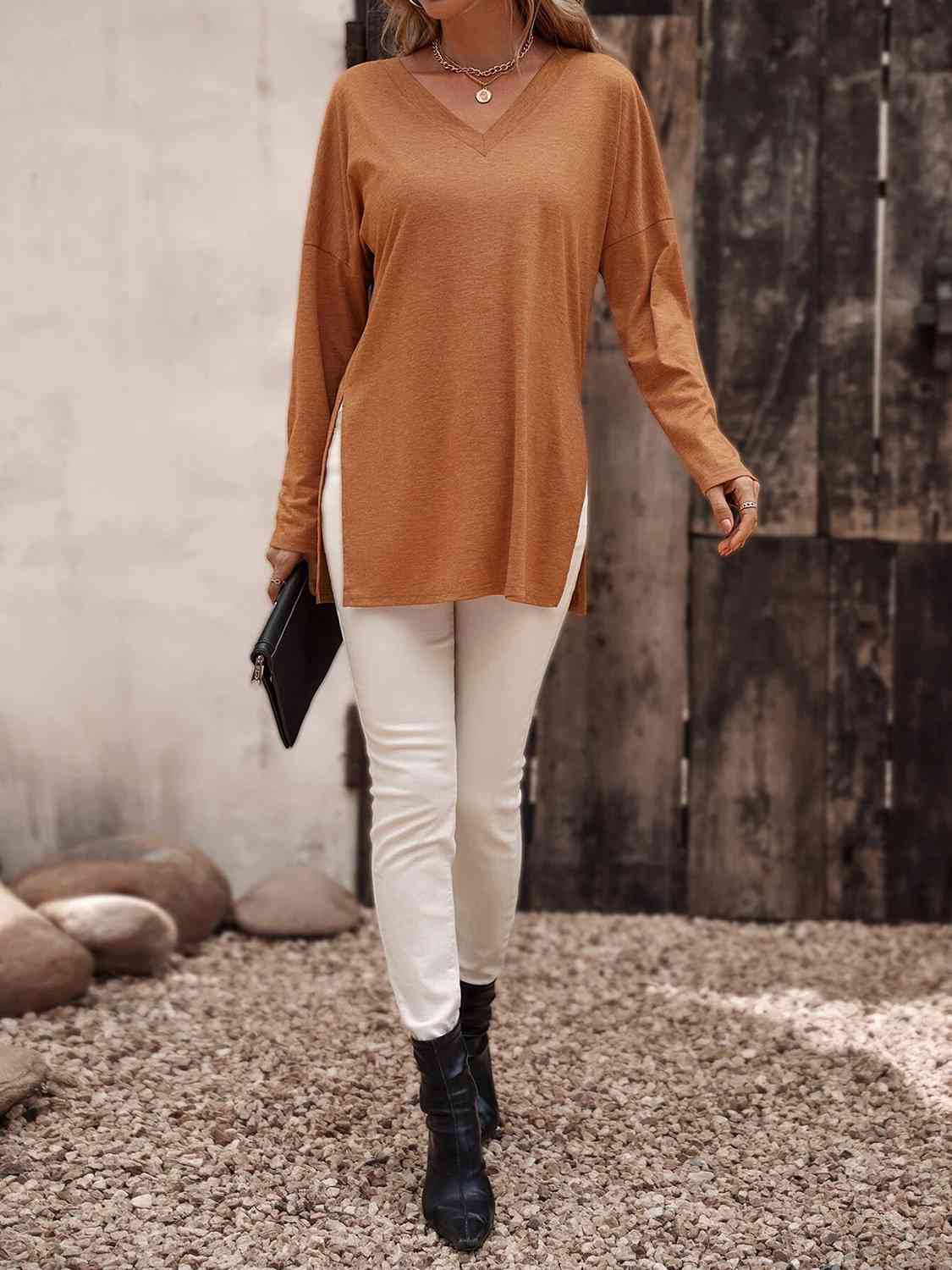 V-Neck Long Sleeve Slit Top