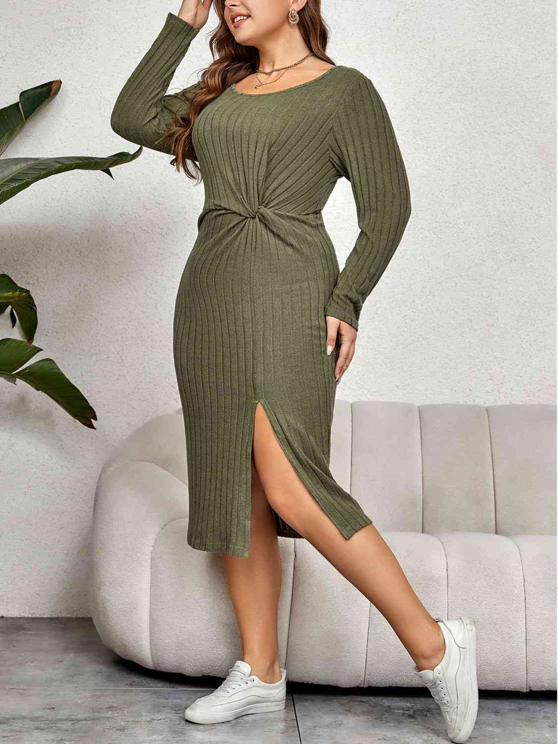 Ribbed Round Neck Twisted Slit Midi Dress