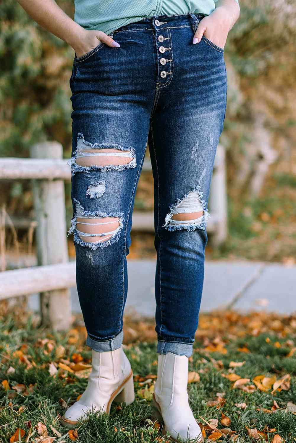 Button Fly Distressed Jeans