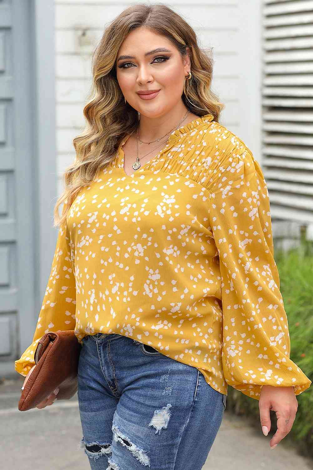 Notched Neck Smocked Blouse