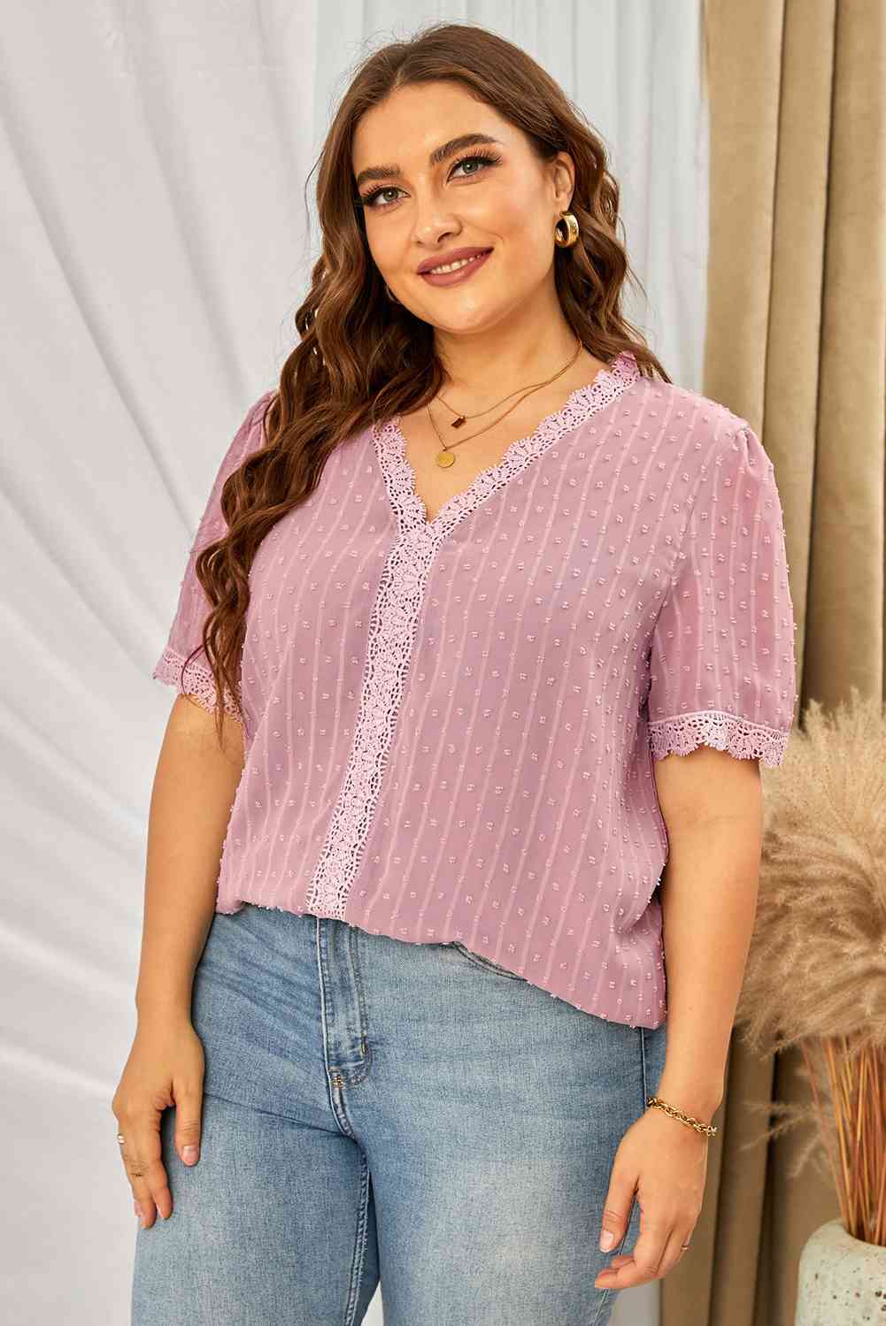 Swiss Dot Spliced Lace V-Neck Blouse