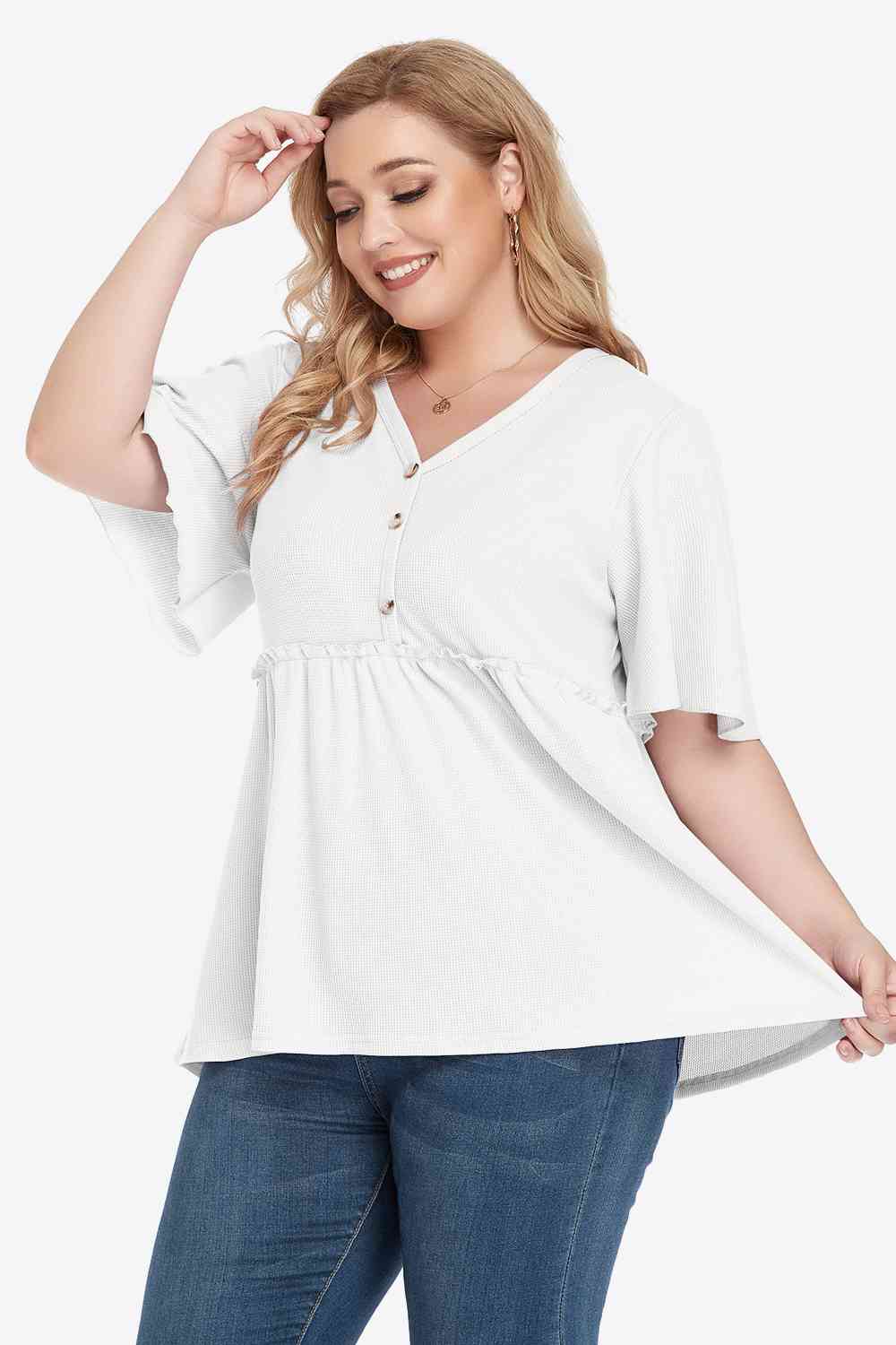 Buttoned V-Neck Frill Trim Babydoll Blouse