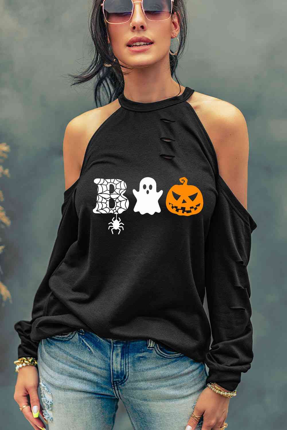 Cold Shoulder Boo Graphic Distressed Blouse