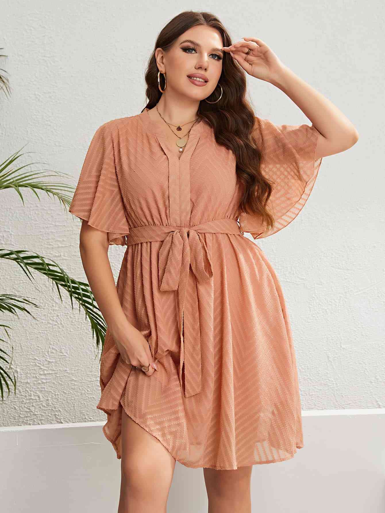 Tie Waist Notched Neck Flutter Sleeve Dress