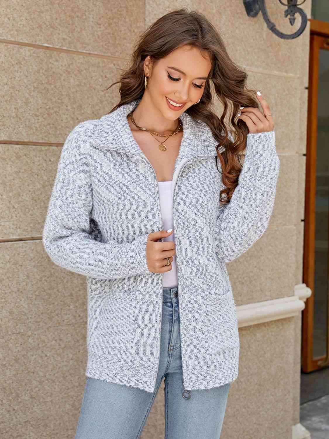 Zip-Up Collared Cardigan with Pockets