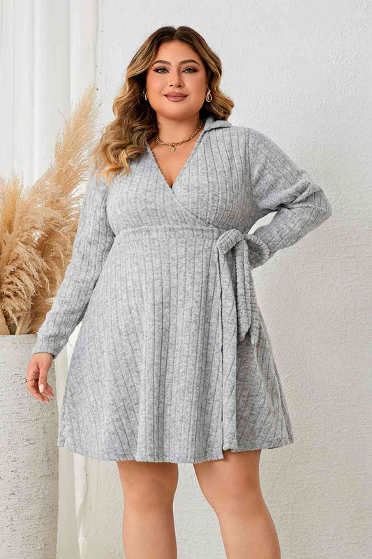 Collared Neck Long Sleeve Tied Dress