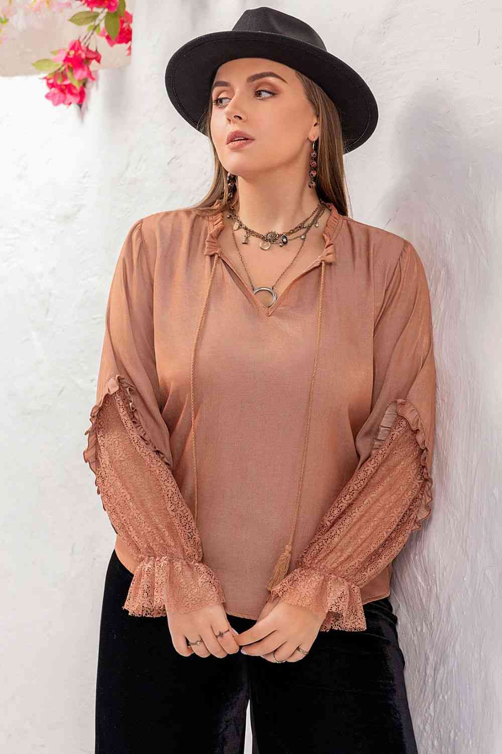 Tie Neck Flounce Sleeve Blouse