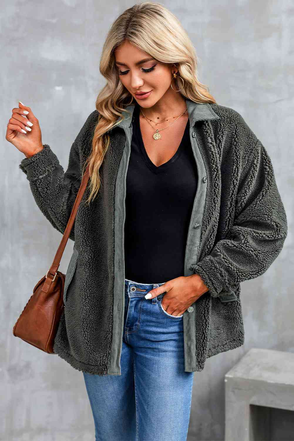 Collared Neck Drop Shoulder Jacket